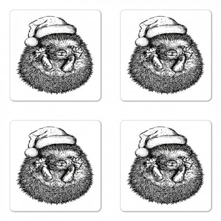 

Hedgehog Coaster Set of 4 Monochrome Hedgehog with Winter Attire Funny Hat Animal Fauna Image Print Square Hardboard Gloss Coasters Standard Size Black White by Ambesonne