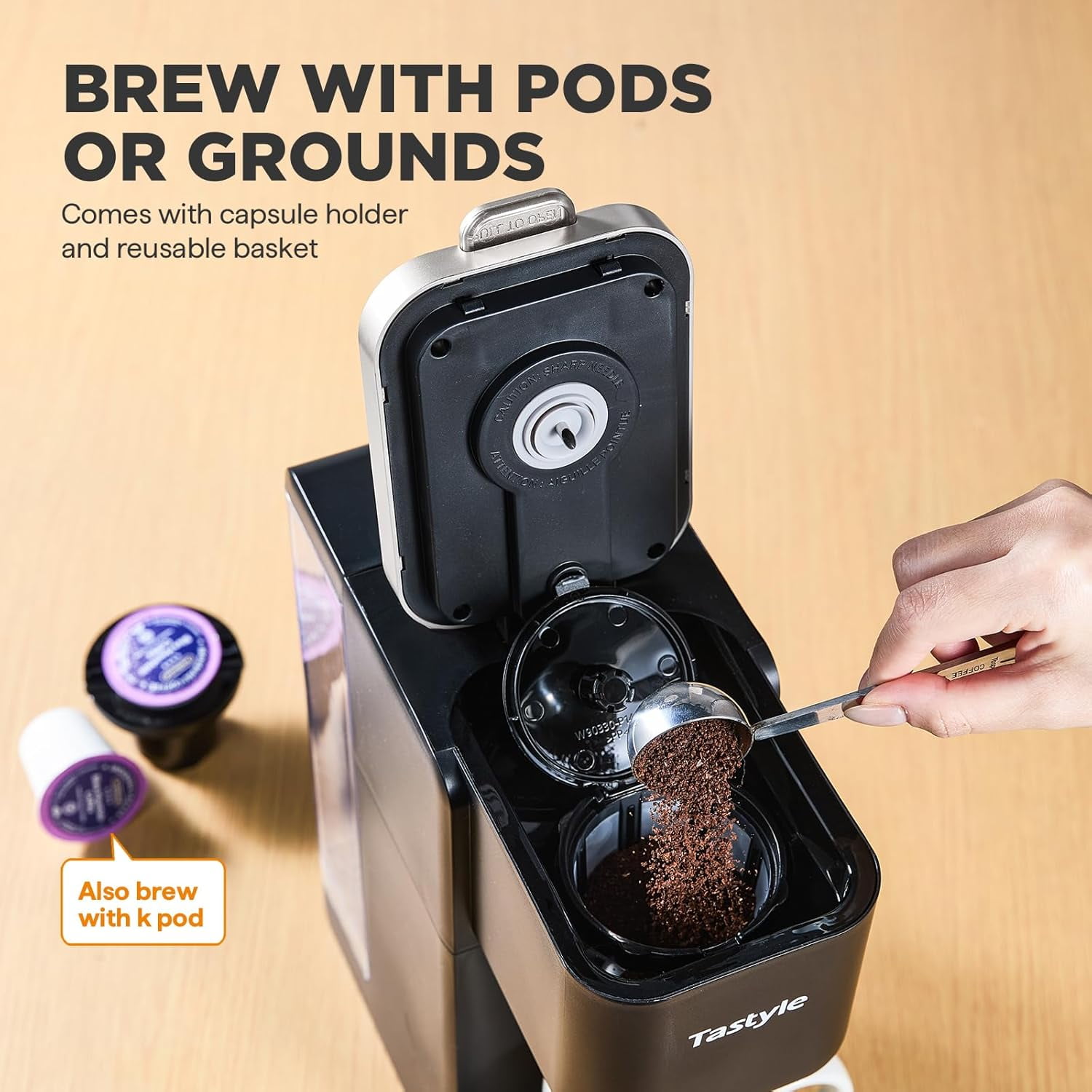 Single Serve Coffee Maker, Iced and Hot Machine for K Cup & Grounds, Compact Design, 40oz Removable Water Reservoir, 6 to 24 Oz Brew Sizes, Fits 7.3" Travel Mug, Black