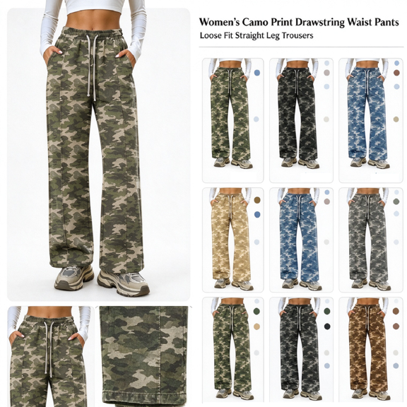 Camo Wide Leg Sweatpants for Women Elastic High Waist Drawstring Long Pants Casual Outdoor Hiking Trousers with Pockets