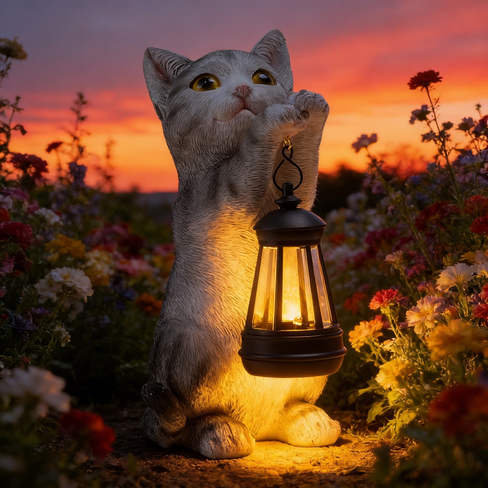 10 Inch Cat Garden Statue with Solar Lantern,Solar Statue,Resin Decor for Patio, Lawn & Outdoor Spaces