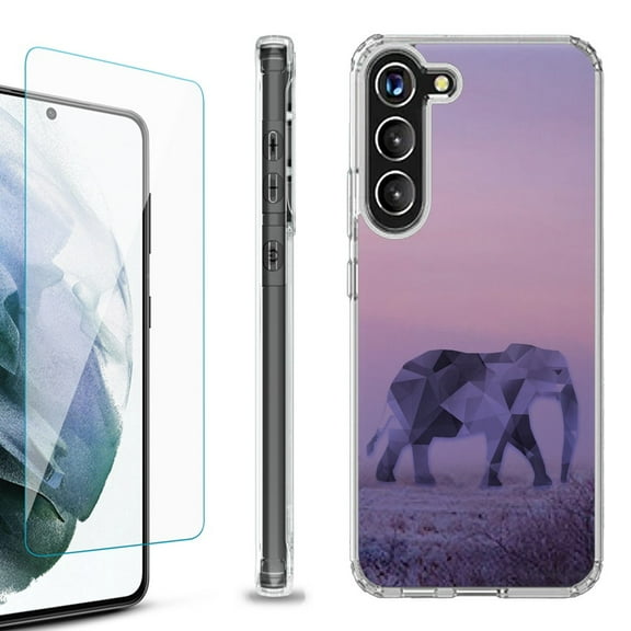Shockproof Bumper Phone Case for Samsung Galaxy S23 5G, with Tempered Glass Screen Protector, by OneToughShield ® - Twilight Elephant