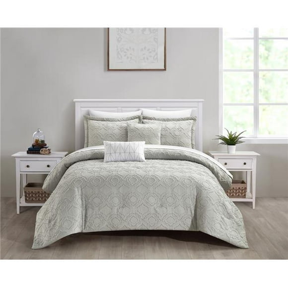 Chic Home BCS32515-US Janai Clip Jacquard Geometric Quatrefoil Pattern Design Bedding Comforter Set&#44; Grey - King Size - 5 Piece