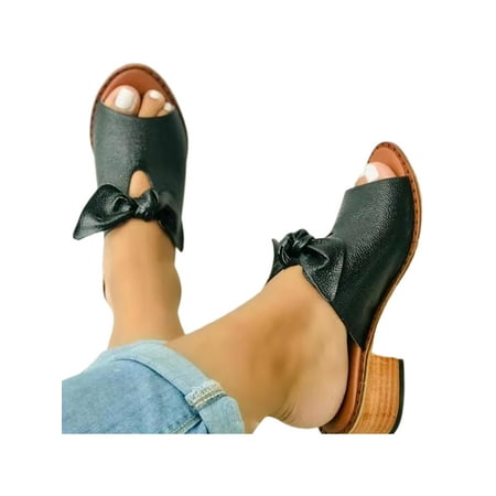 

Daeful Women Mules Beach Sandals Slip On Heeled Party Fashion Bowknot Summer Heels Black 11