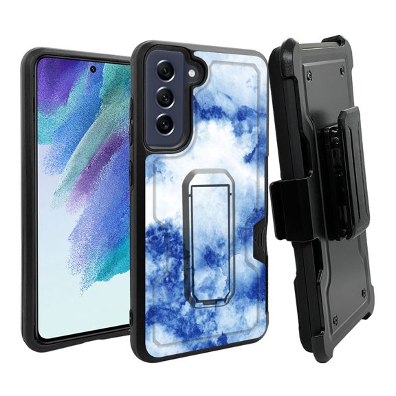 ANJ  Rugged Dual Layer Hybrid Holster Kickstand Case w/ Card Slot   Tempered Glass Cover for Samsung Galaxy S21 FE 5G - Abstract Blue Watercolor