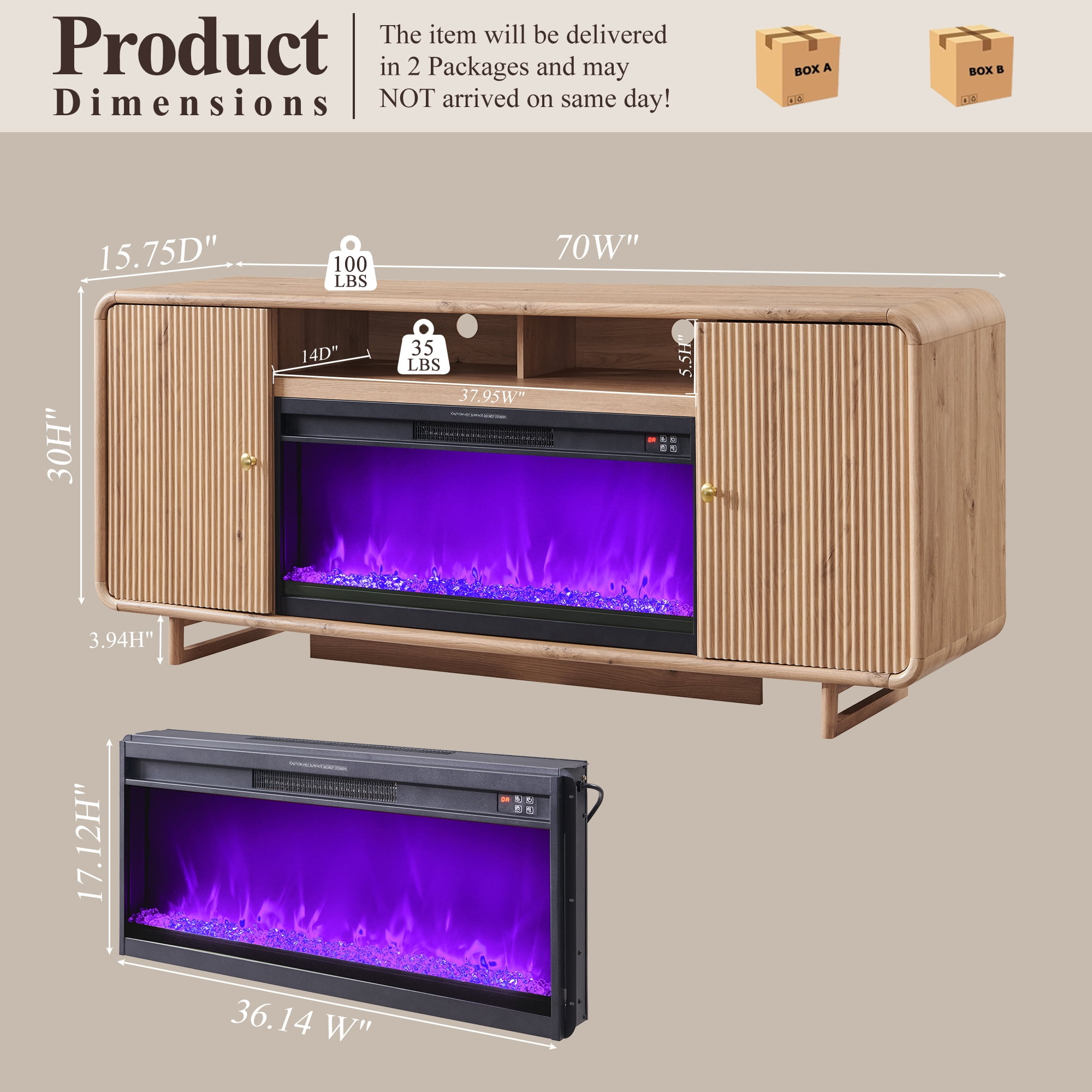 SinCiDo 70" Modern Fluted Fireplace TV Stand for 80 Inch TV, Entertainment Center w/36'' Electric Fireplace, Wood Media TV Console for Living Room