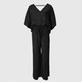 thumbnail image 2 of ZEHJUHAN Women's Solid Color 2-Piece Outfit - V-Neck Short Sleeve Top & Drawstring Wide Leg Pants Set Black，M, 2 of 3