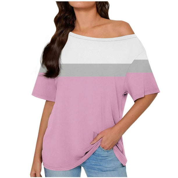 Tops de Manga Corta para las Mujeres Cuello Inclinado de Ajuste Suelto Casual Blusa Deportiva para el Hogar, Top de Poliéster Relajado para Primavera Verano Diario Y Entretenimiento