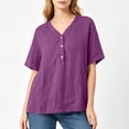 thumbnail image 4 of LEKWK Linen Tops for Women Short Sleeve Button V Neck Casual Shirts Lightweight Loose Fit Solid Summer Tops Fashion Beach Vacation Daily Outfits, 4 of 6