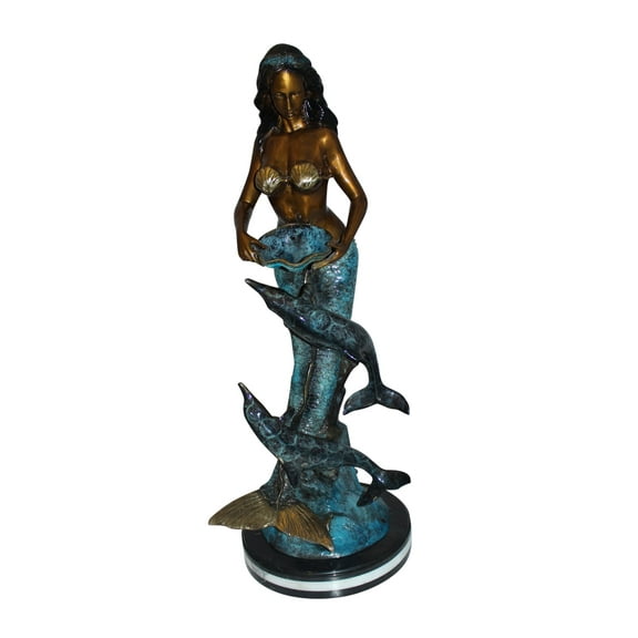 Mermaid with Dolphin Fountain Bronze Statue -  Size: 16"L x 16"W x 39"H.