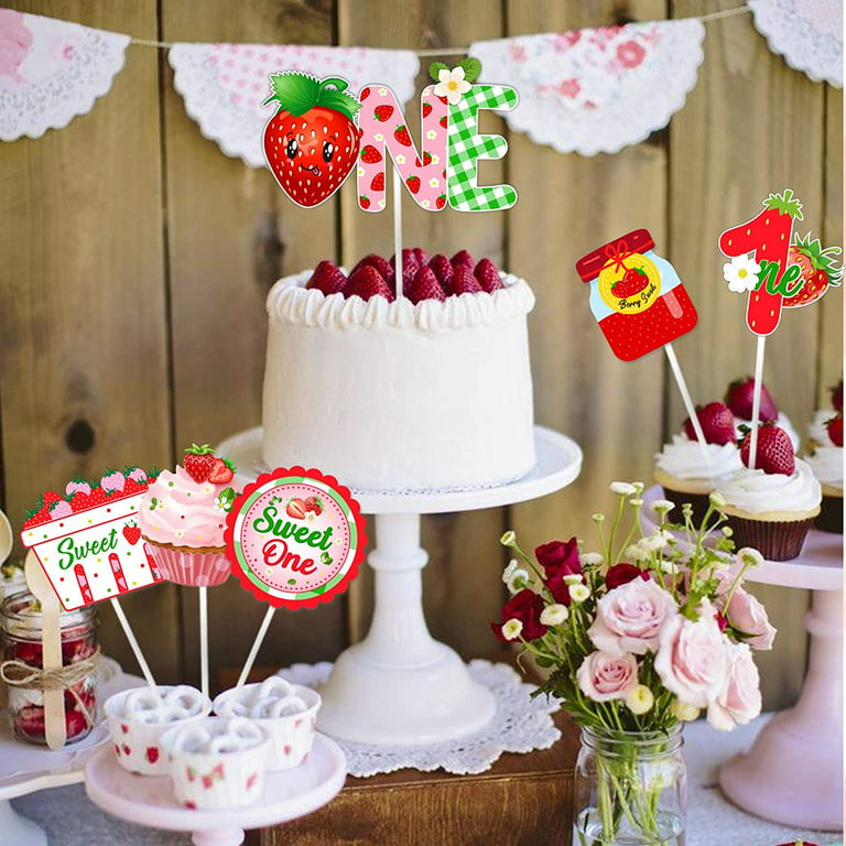 24Pcs Strawberry 1st Birthday Centerpieces Pink, Baby Girl Strawberry Theme  1st Birthday Decorations, Sweet One Birthday Table Decorations, Berry