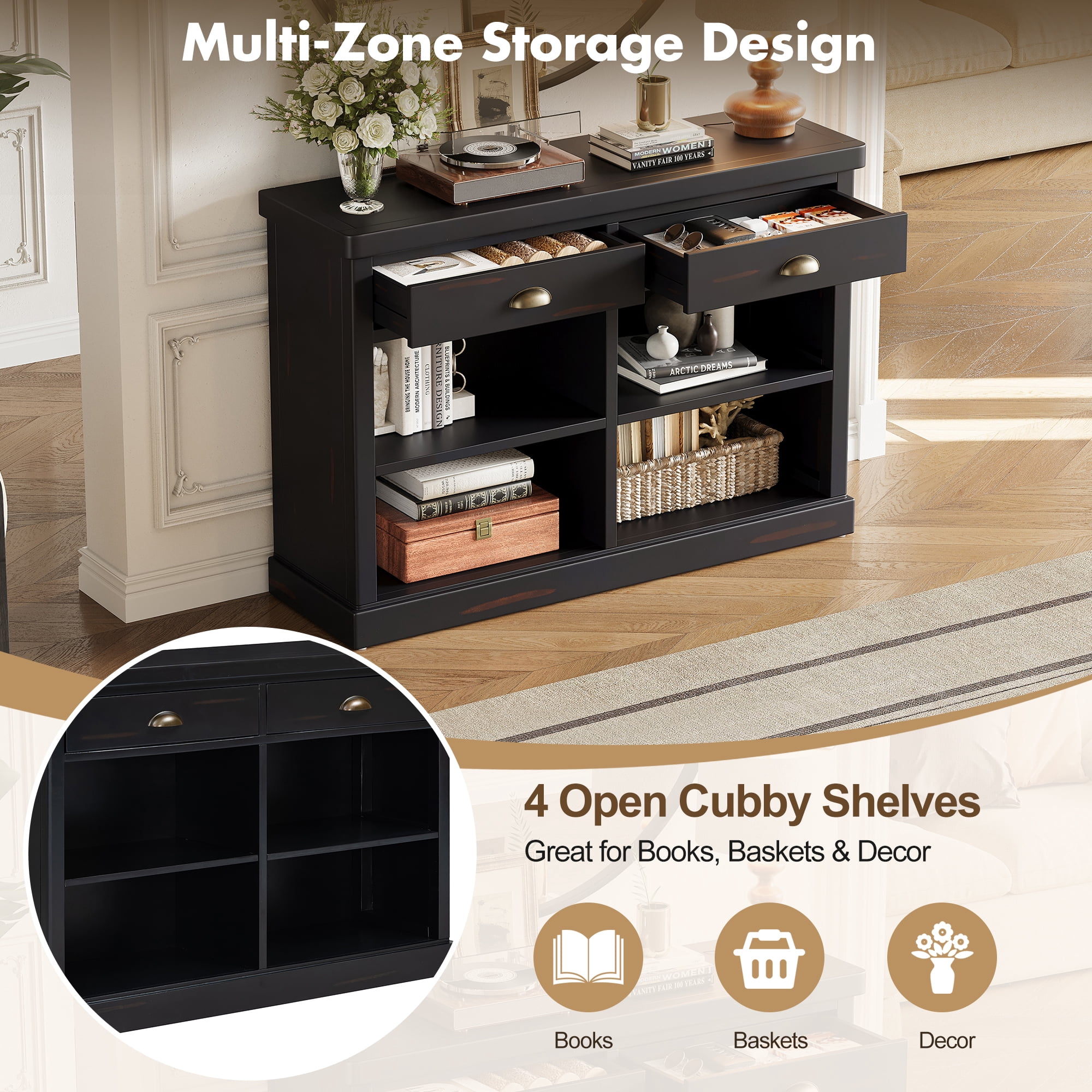 Euroco 47" Long Console Table, Wood Narrow Sofa Table with Open Storage Shelves & 2 Drawers,Entryway Table Accent Table for Living Room, Hallway,Espresso