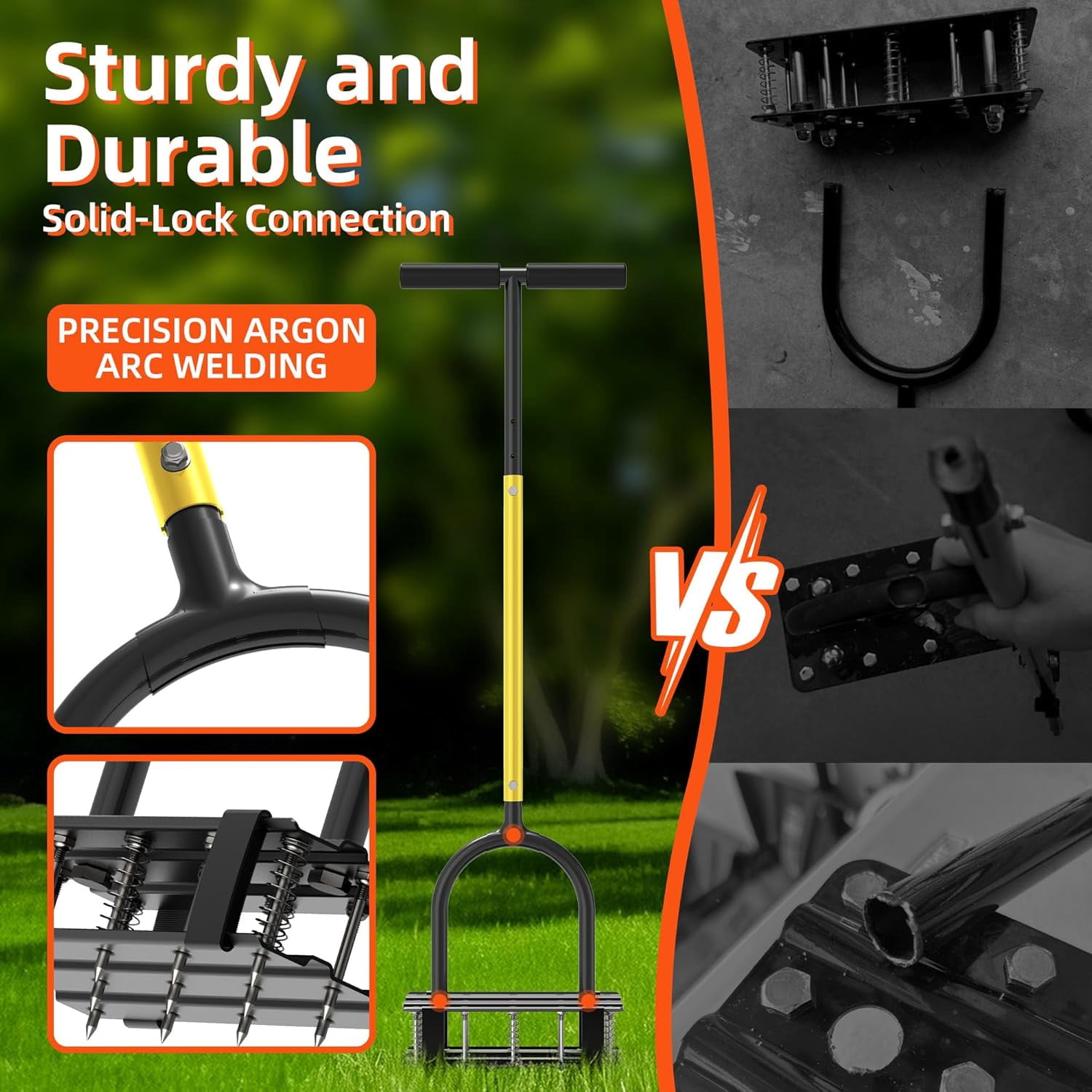 Aerator Lawn Tool - 2-in-1 Reinforced Heavy Duty Manual Lawn Aerator with 15 Spikes, Automatic Dirt and Leaf Clean Design, Adjustable T-Handle (Yellow)