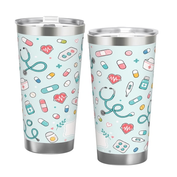20oz Nurse Medical Theme Tumbler with Handle and Straw Stainless Steel Insulated Travel Coffee Cup Healthcare Worker Gift with Double Silver Rim