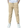 thumbnail image 2 of Sevevn Boys Linen Pants School Uniform Chino Pants Kids Drawstring Elastic Waist Pull on Twill Jogger Pants with Pockets 4-14 Years, 2 of 8