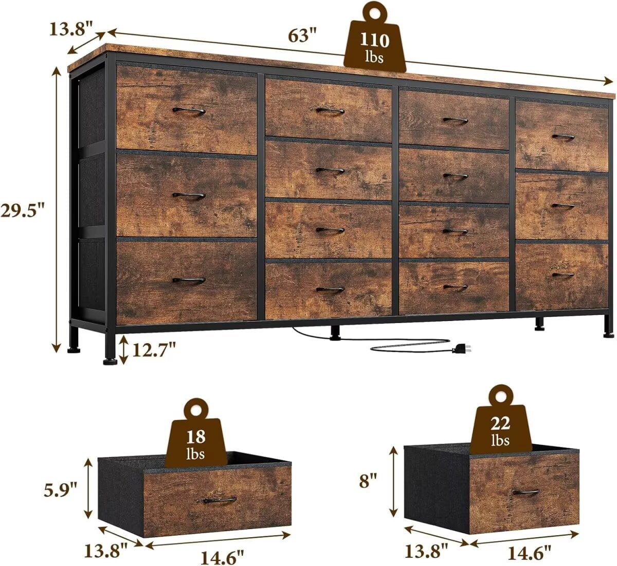 Dresser TV Stand for up to 75 Inch TV, 14 Drawer Dresser with Power Outlets & Wood Top, Long Fabric Dresser Organizer for Bedroom, Living Room, Entryway, Brown