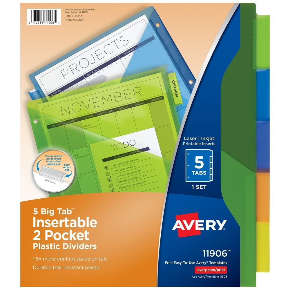 Avery 5Tab Dividers with Pockets, Insertable Big Tabs, 1 Set (11906