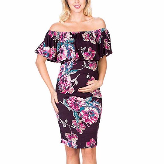 Women's Maternity Dress Off the Shoulder Ruffle Summer Elegant Ruched Printed Bodycon Baby Shower Pregnancy Dresses Purple M