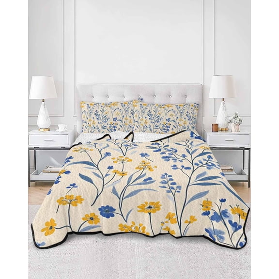 Quilts Twin Size, Garden Flora Illustrations Soft Comforter Bedding Set for Bed, Blue Yellow Flowers Lightweight Quilted Bedspread with Pillow Cover(2 Pieces) for All Season, 68x86 Inch