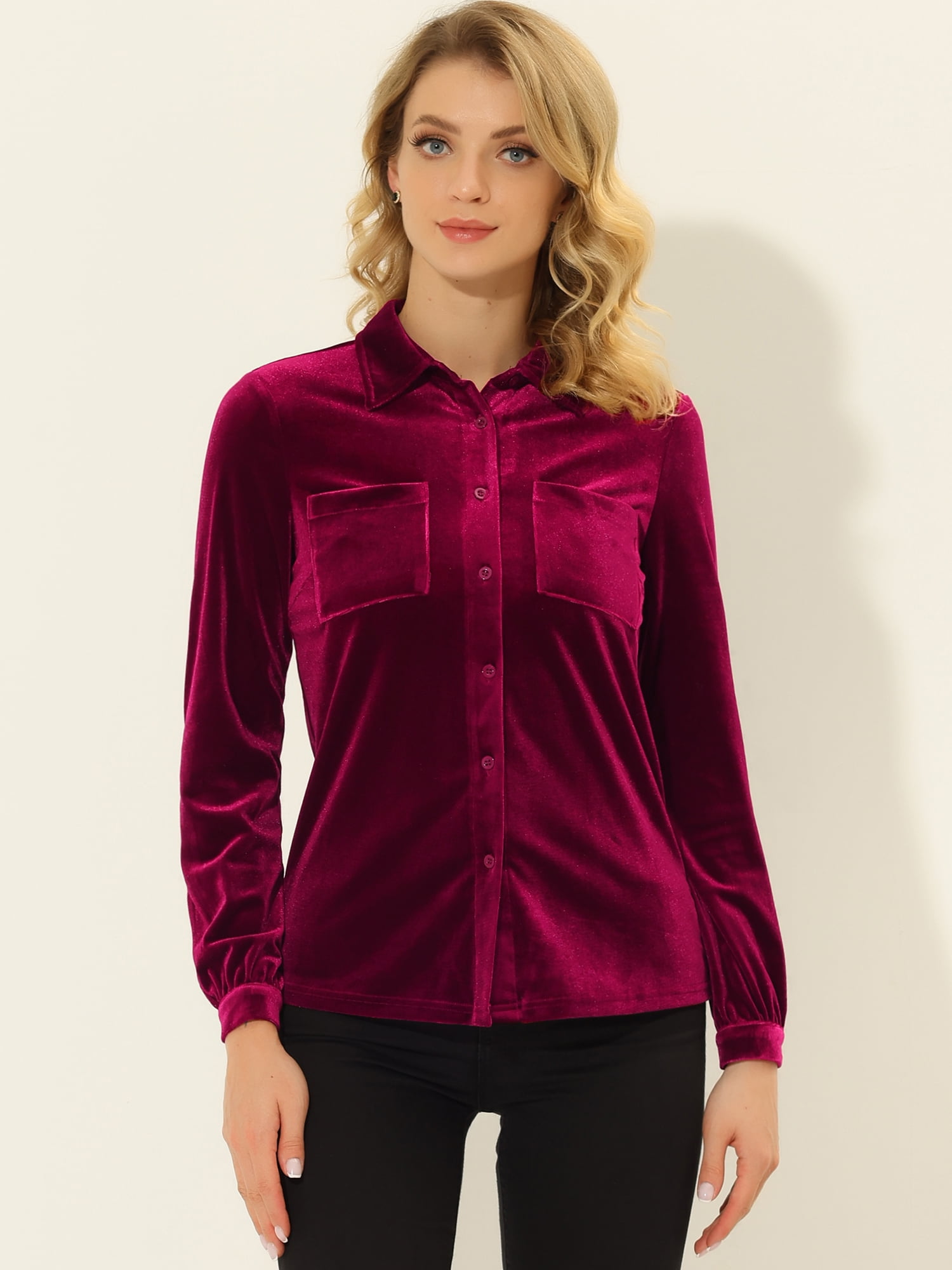 DARING DIVA Women's Office Pocket Front Long Sleeve Button Down Velvet Shirt L Wine Red