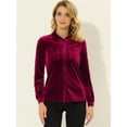 thumbnail image 2 of DARING DIVA Women's Office Pocket Front Long Sleeve Button Down Velvet Shirt L Wine Red, 2 of 5