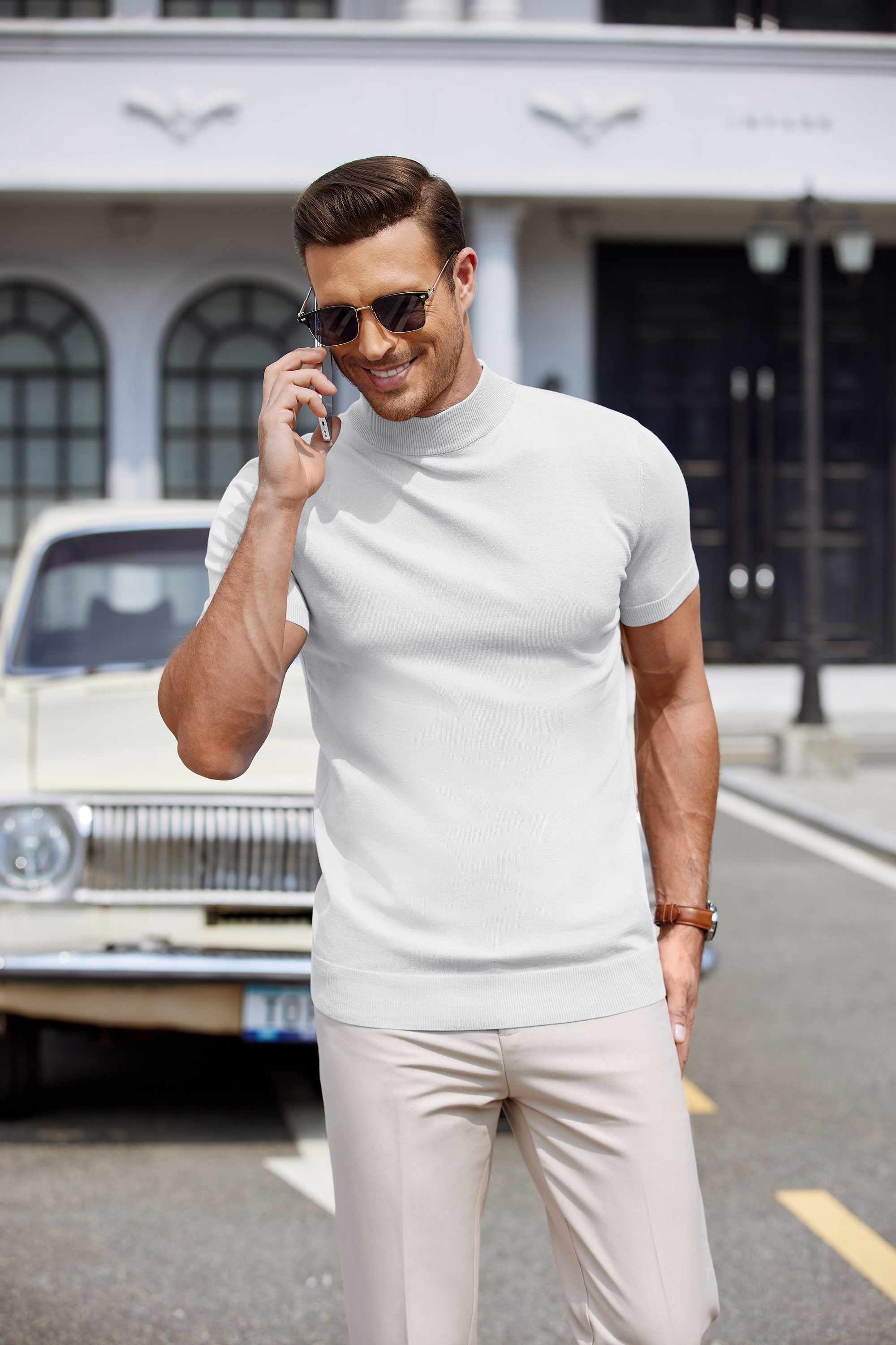 COOFANDY Mens Mock Turtleneck Short Sleeve Sweater Casual Stylish Knitted Pullover Slim Fit Dress Sweater Basic Tops