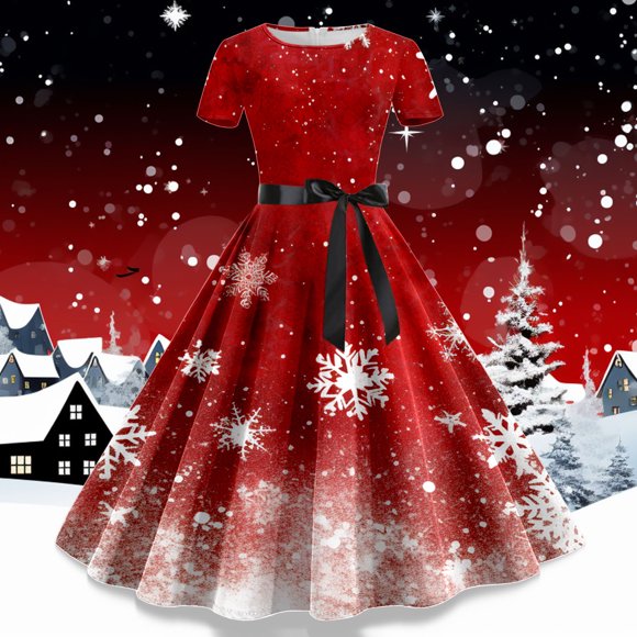 1950s Christmas Print Short Sleeve Women Party Dress Casual Swing Evening Prom Gown