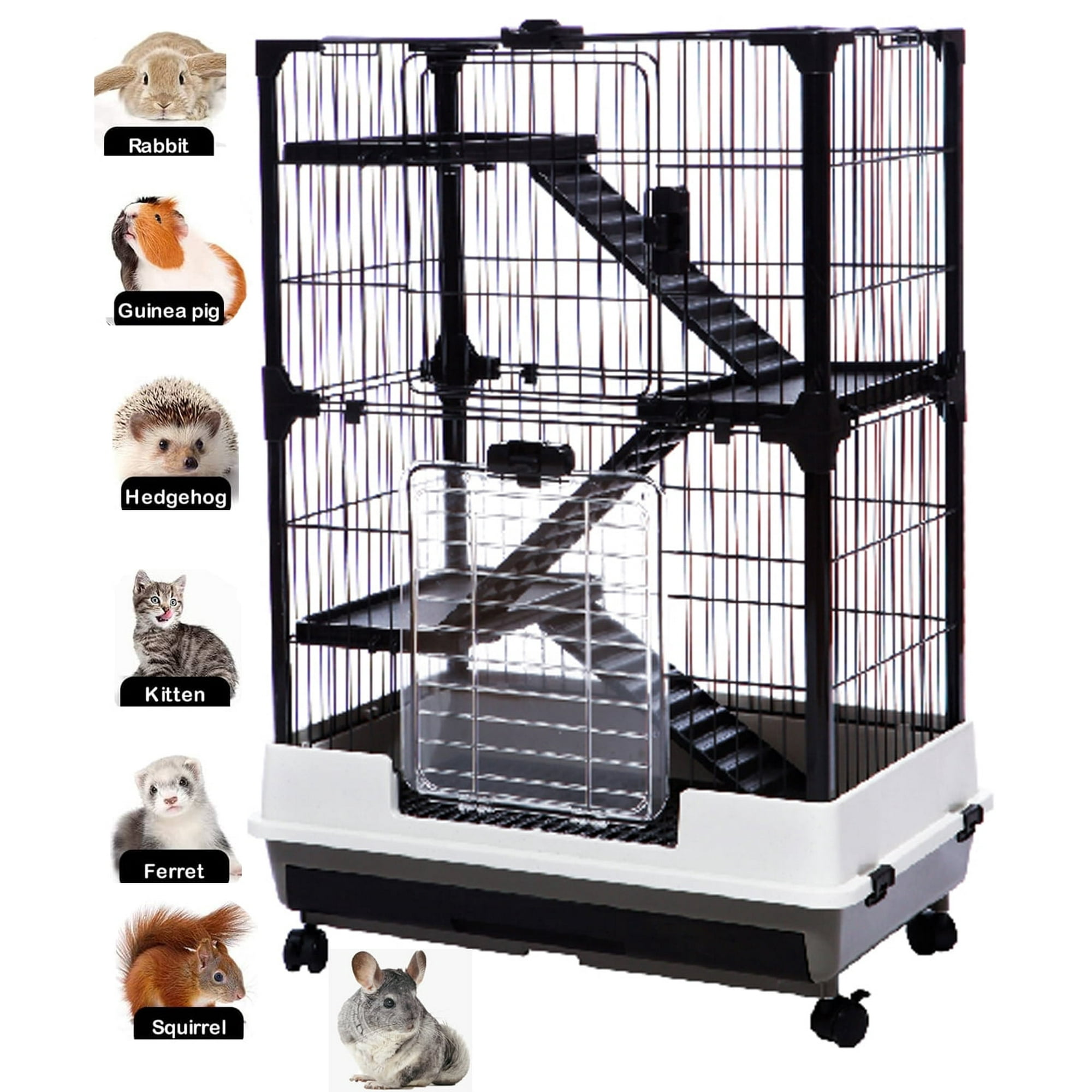 4-Levels Deluxe Durable Small Animal Critter Guinea Pig Rabbit Home Cage for Ferret Chinchilla Cat Playpen Hutch Solid Platform Ramp Pull Out Leakproof Litter Tray Large Access Doors Lockable Caster