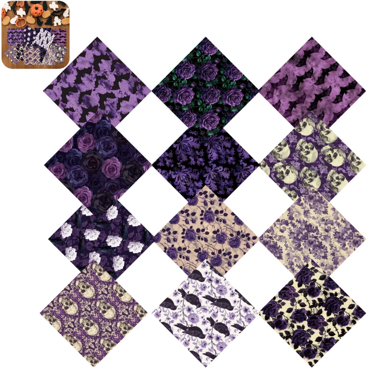Gothic Purple Halloween Scrapbook Paper 6x6 Inch 12 Sheets Skull Rose Bat Pattern Decorative Craft Paper for Junk Journal DIY Card Making AS SHOW