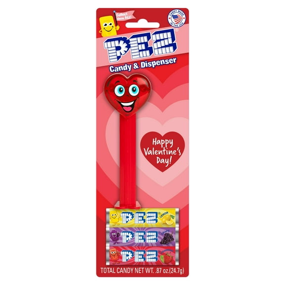 WM PEZ Valentine Happy Heart Blister, 1 Candy Dispenser Plus 3 Rolls Assorted Candy, Blister Card Packet, 1 Count, 0.87 oz