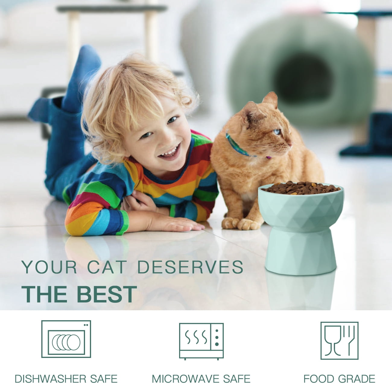 Frewinky Cat Bowls,Ceramic Cat Bowls Anti Vomiting,Raised-Cat Food and Water Bowl set for Cats and Small Dogs,13.5 Oz，Green