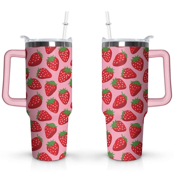 40oz Cute Red Strawberry Stainless Steel Flip Straw Tumbler Spill Proof Travel Cup Double Wall Vacuum Insulated Coffee Mug with Top Handle