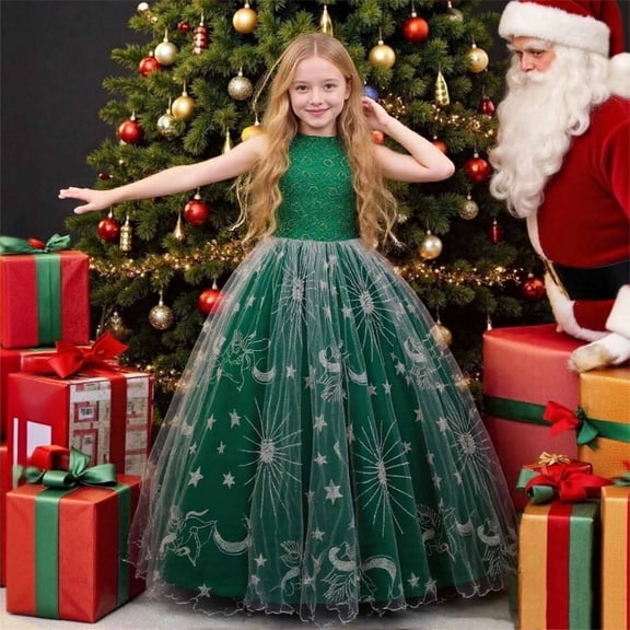 FAOWME Big Kids Girls Formal Dress Sleeveless Round Neck Mesh Cartoon Print Elegant Tutu Long Dresses For Christmas Performance Green 5-6 Years