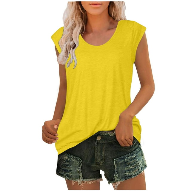 Yuyuzo Womens Tunic Tops Cap Sleeve Basic Tank Tops Crew Neck Loose Fitted Summer Lightweight Tee Tops