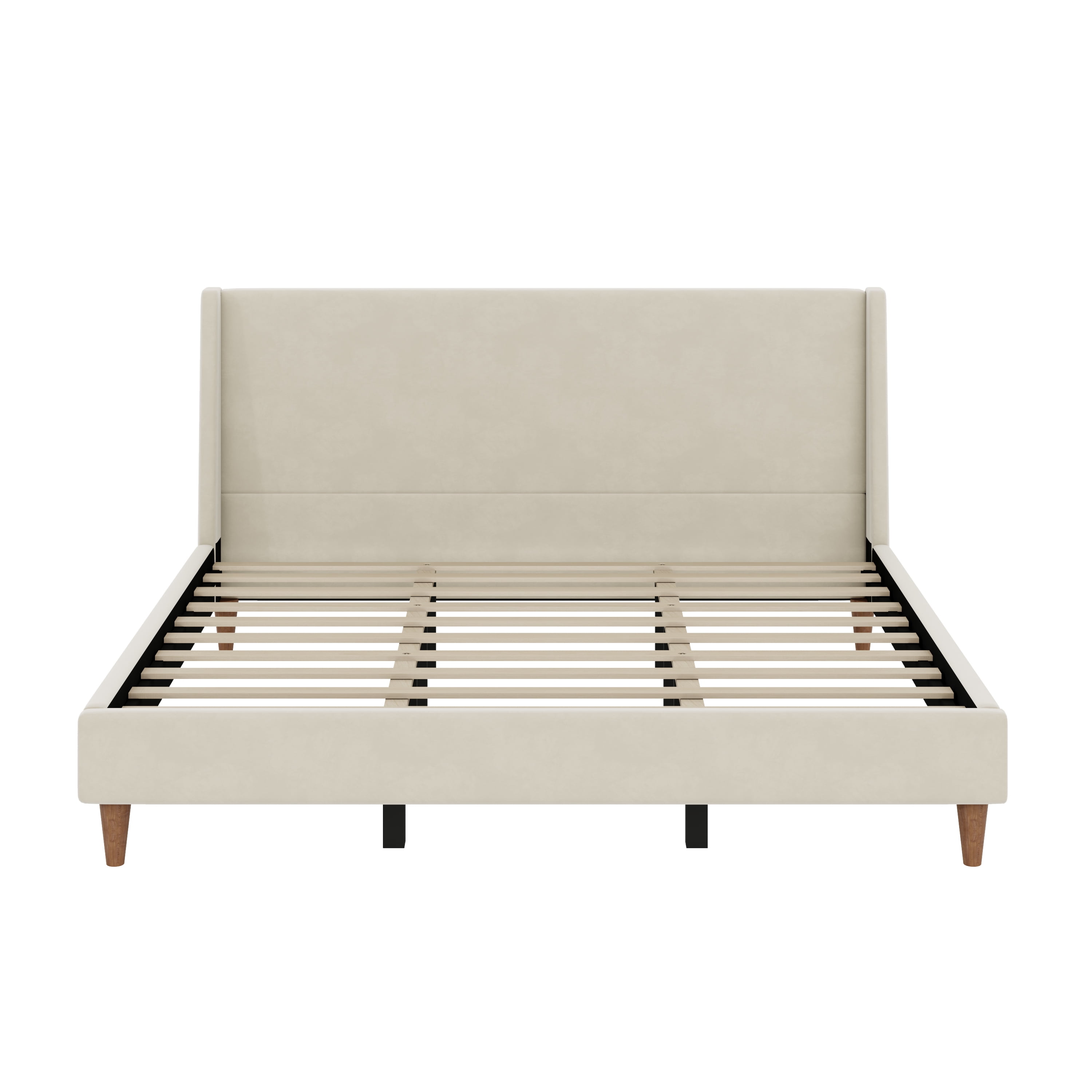 Euroco Upholstered King Size Platform Bed, Velvet Bed with Wingback Headboard, Beige