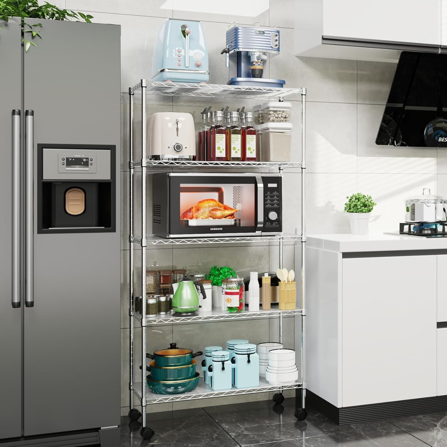 Miniyam NSF Wire Shelving Unit, 5 Tier 750lbs Capacity Storage Adjustable Rack with Wheels for Closet Kitchen, Chrome
