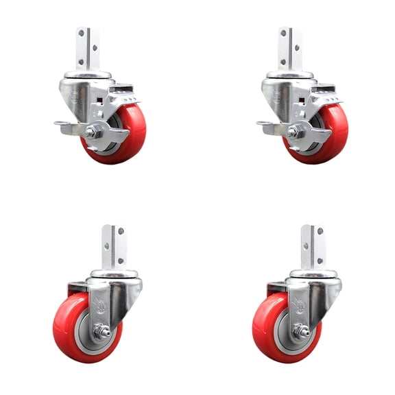 3 Inch Red Polyurethane Wheel Swivel 3/4 Inch Square Stem Caster Set 2 Brakes