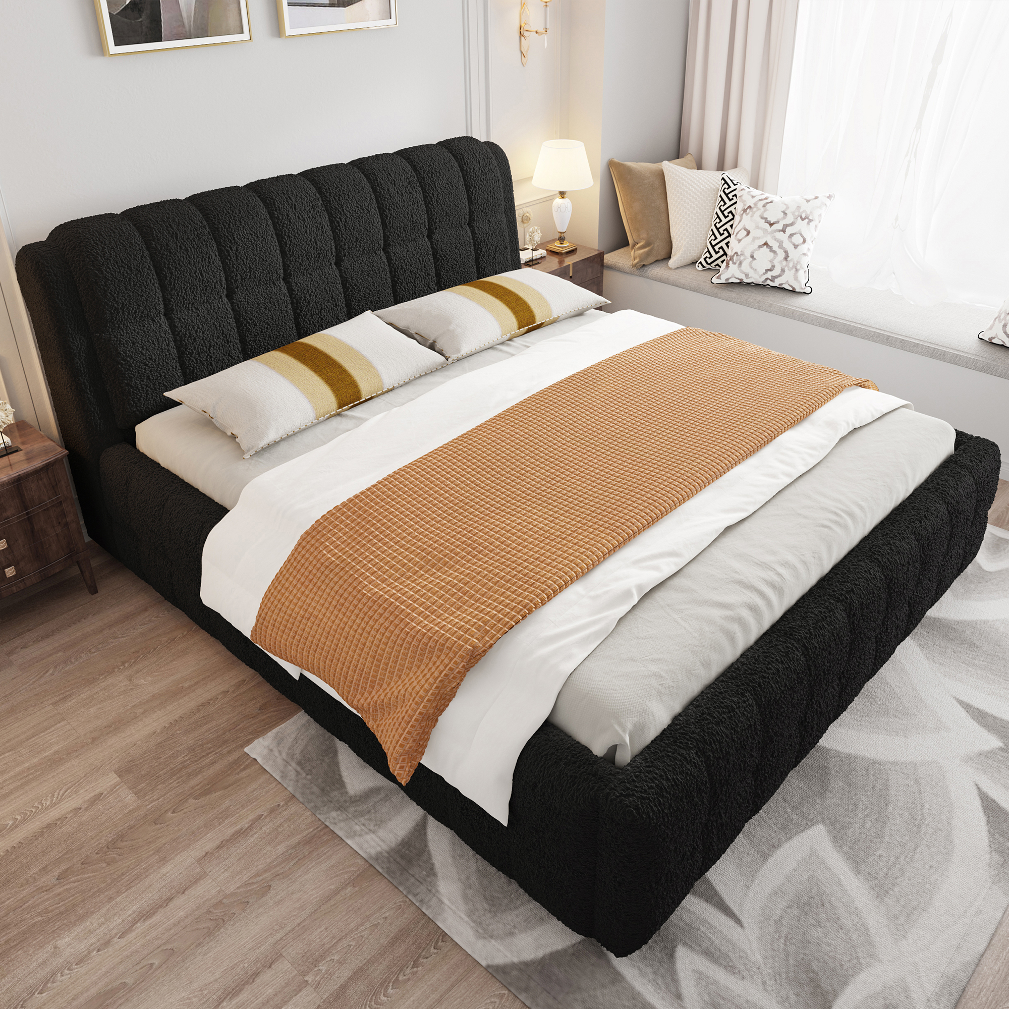 Euroco Upholstered California King Size Platform Bed for Living Room Bedroom, Black