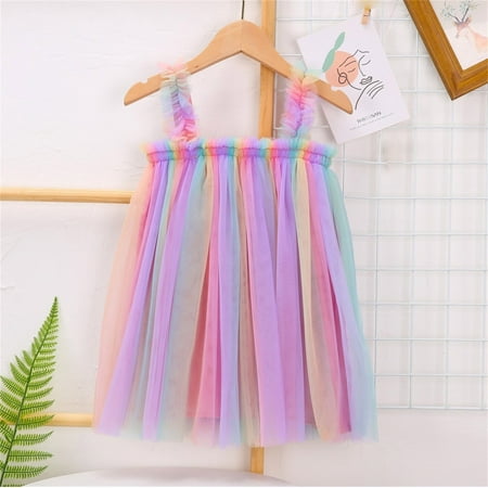 

Hunpta Kids Girls Rainbow Tie Dyed Summer Sleeveless Beach Chic Layered Tulle Tutu Dress Princess Birthday Party Beach Dress 1-6Y