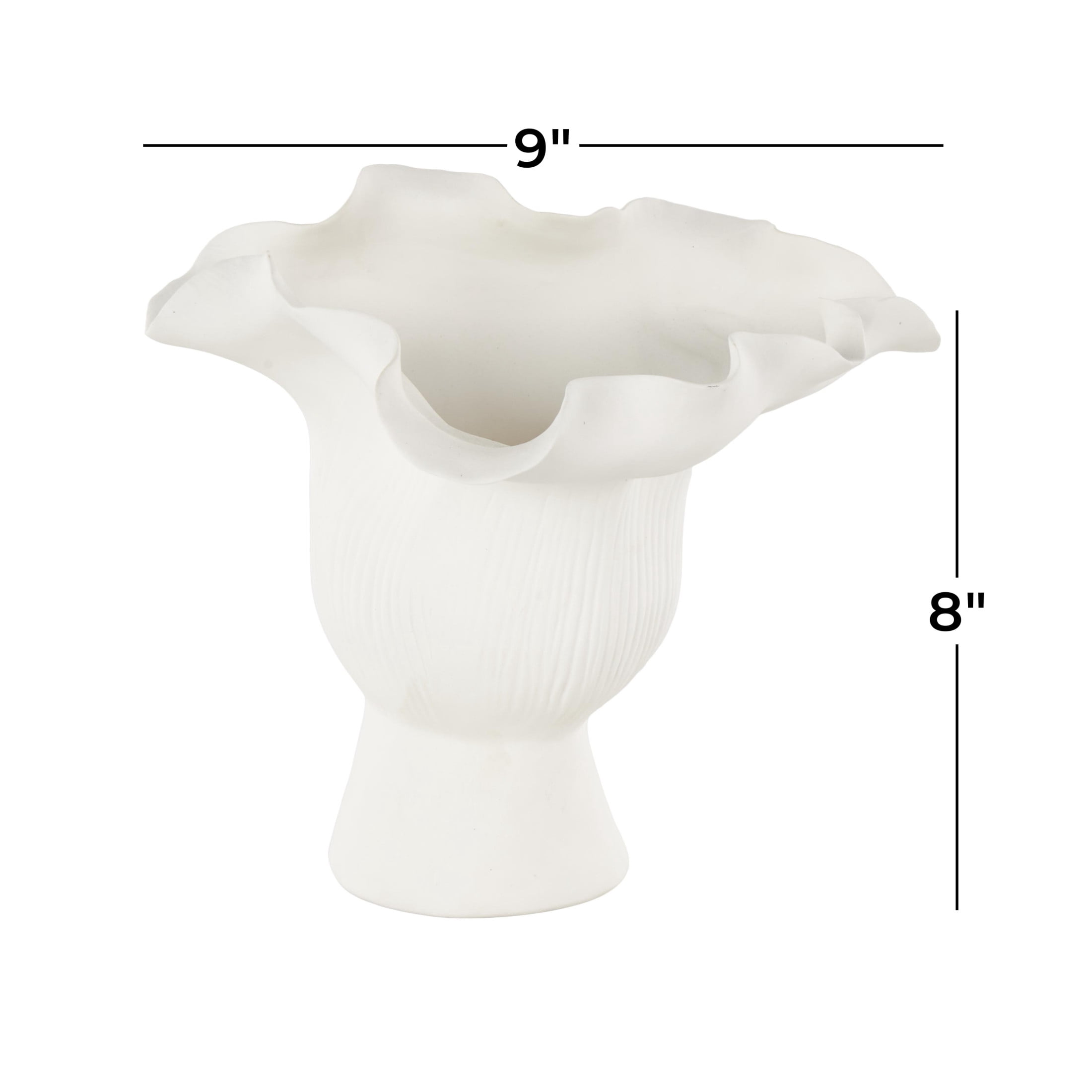 DecMode 8" Abstract Floral Inspired White Ceramic Vase with Wavy Folded Rim and Linear Grooves