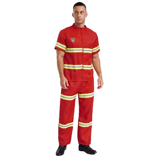 YiZYiF Costume de Pompier pour Hommes et Adultes Casque Veste Manteau Pantalon et Ceinture Bandes Réfléchissantes Ensemble 4 Pcs Rouge 180