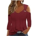 thumbnail image 2 of Cavosen Flowy Tops for Women 3/4 Sleeve Soft Cold Shoulder Pullover Shirts V-Neck Casual Plain Blouse Dressy Loose Fit Tees Eyelet Ring Tops Novelty Lightweight Autumn Red L, 2 of 6