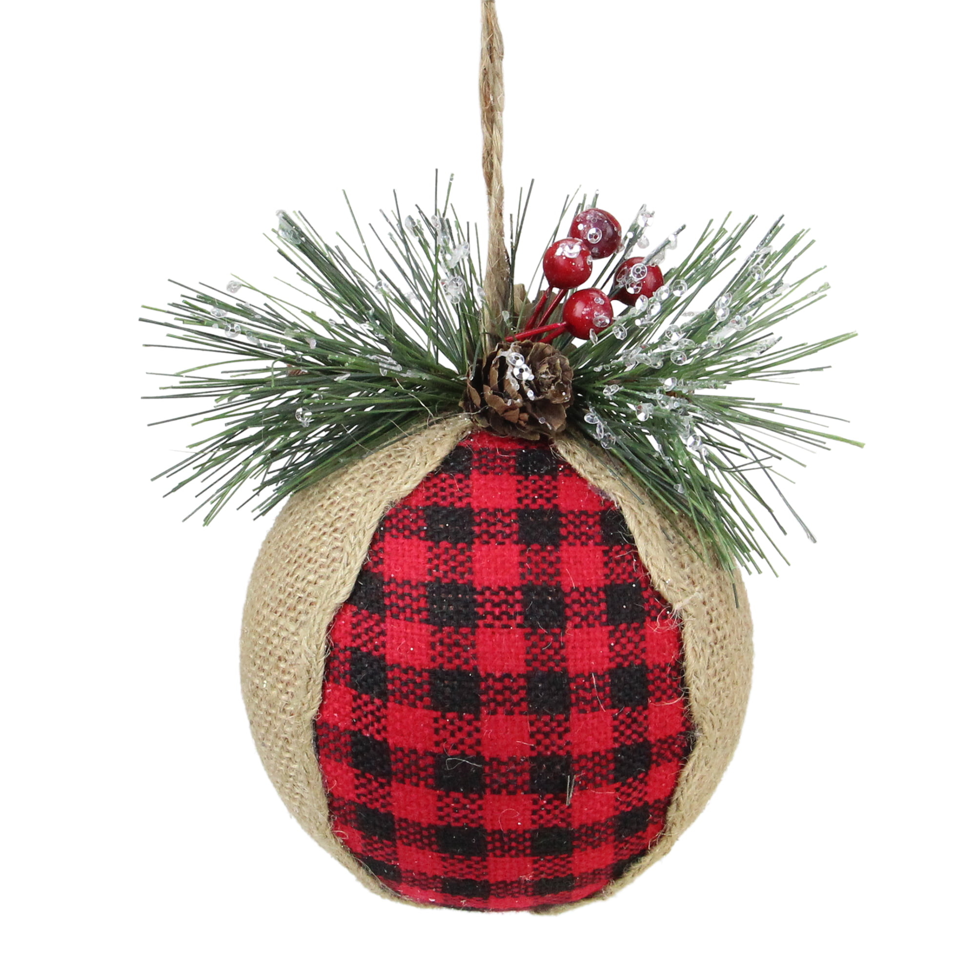 Christmas Buffalo plaid Ckeck Ball Holly Berries Black Red fabric Ornaments 