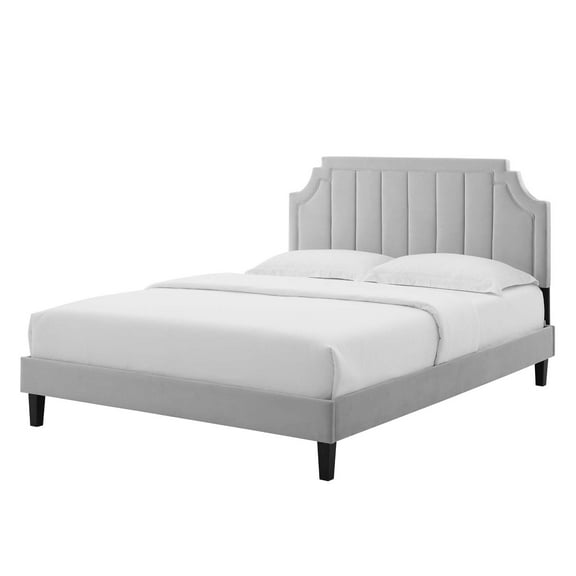 Platform Bed Frame, Queen Size, Velvet, Light Grey Gray, Modern Contemporary Urban Design, Bedroom Master Guest Suite