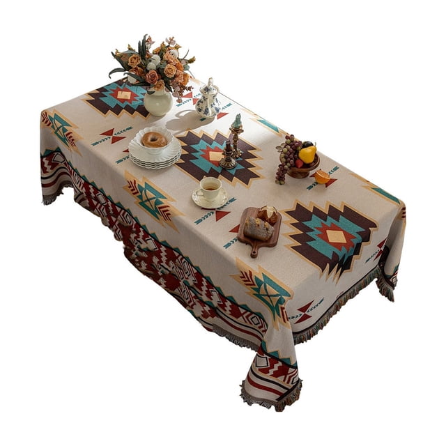 Bohemian Tablecloth, Cotton Tassel Tablecloth with Geometric Pattern, Double Sided Outdoor and Living Room Table Cover, Picnic Mat for Camping and Home Dining