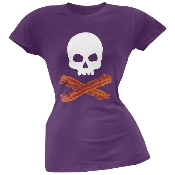 Bacon Skull And Crossbones Purple Soft Juniors T-Shirt - Medium