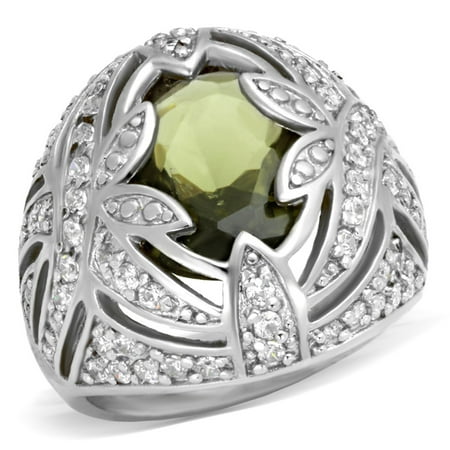 Luxe Jewelry Designs Women s Rhodium Plated Brass Ring with AAA Grade CZ Olivine – Size 5