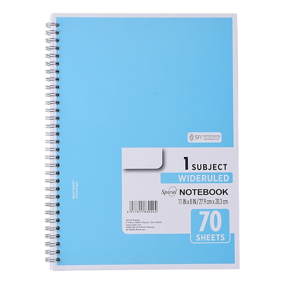Wide Ruled Spiral Notebook, 9x11 Inch 70 Sheets for Note Taking and Journaling, Blue