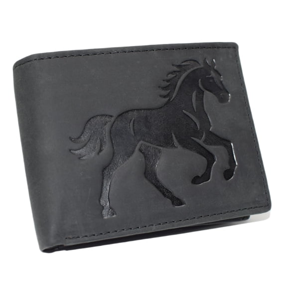 MARSHAL Equestrian Mens Cowhide Leather RFID Bifold Wallet with Running Horse Debossed Design Black