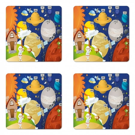 Educational Coaster Set of 4, Cartoon Style Planet System and Astronaut in Outer Space Galactic Adventure, Square Hardboard Gloss Coasters, Standard Size, Multicolor, by Ambesonne