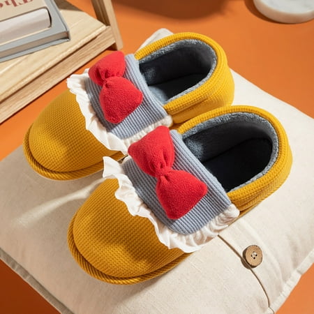 

〖Yilirongyumm〗 Yellow 40-41 Slippers For Women Cute Bow Tie Lippers For Women Winter Warm Memory Foam House Slippers Soft